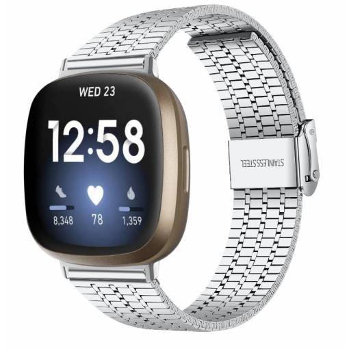 Foto - eses Kovový řemínek trojitý pro Fitbit Versa 3 a 4, Sense 1 a 2 - Stříbrný