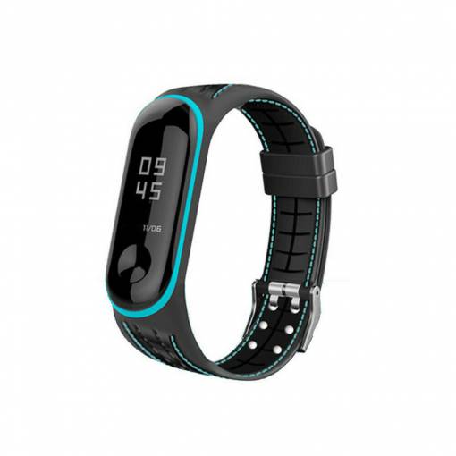 Foto - Curea din silicon eses pentru Xiaomi Mi Band 5 și Xiaomi Mi Band 6 - Negru cu relief și cusături albastre
