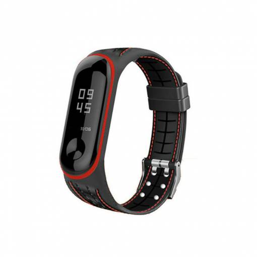 Foto - Curea din silicon eses pentru Xiaomi Mi Band 5 și Xiaomi Mi Band 6 - Negru cu relief și cusături roșii