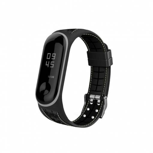 Foto - Curea din silicon eses pentru Xiaomi Mi Band 5 și Xiaomi Mi Band 6 - Neagră cu relief și cusături gri