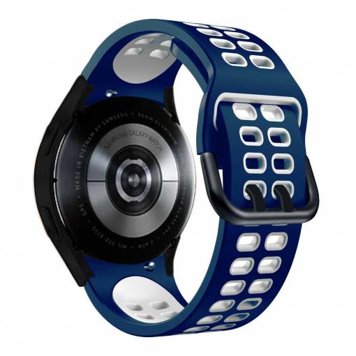 Foto - Curea perforată din silicon cu două rânduri eses pentru Samsung Galaxy Watch 4, 5, 6, 7 - Albastru închis alb, 20 mm