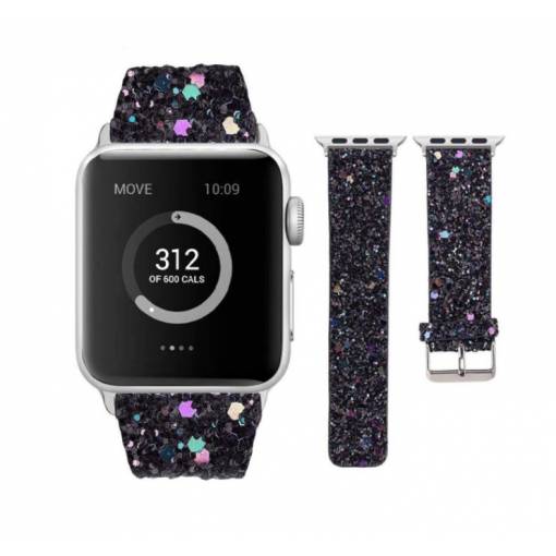 Foto - Brățară din piele cu paiete pentru Apple Watch - Neagră 42mm, 44mm, 45mm, 49mm