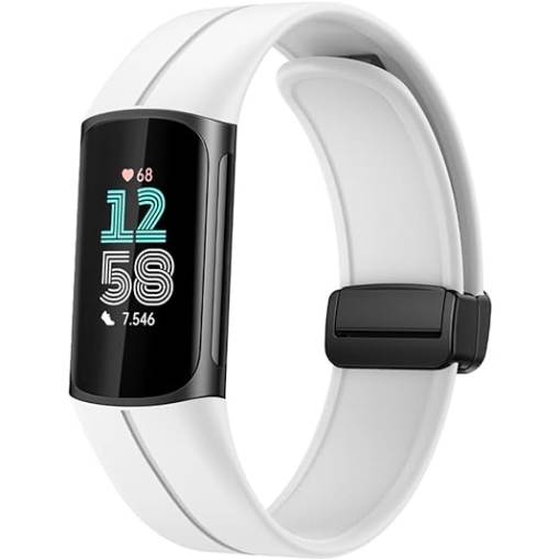 Foto - brățară din silicon cu cataramă magnetică pentru Fitbit Charge 5 și 6 - Alb