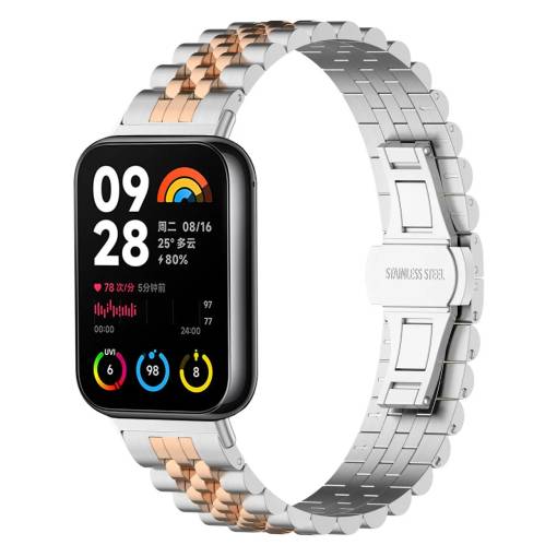Foto - brățara metalică pentru Xiaomi Redmi Watch 4, Smart Band 8 Pro și 9 Pro - argintie cu bandă roz-aurie