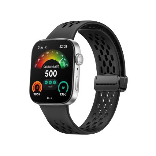 Foto - Brățară din silicon perforată cu cataramă magnetică pentru Huawei Watch Fit 3, 4 și 4 Pro - Neagră