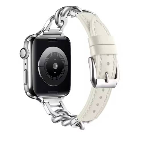 Foto - Brat Koș din Piele cu Lanț pentru Apple Watch - Alb, 38mm, 40mm, 41mm