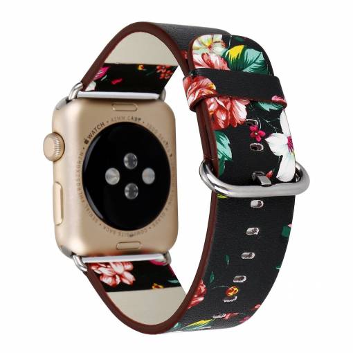 Foto - escală din piele florală pentru Apple Watch - Negru 42mm, 44mm, 45mm, 49mm