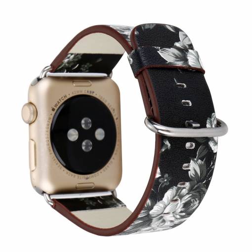 Foto - escală din piele florală pentru Apple Watch - Alb și Negru 42mm, 44mm, 45mm, 49mm