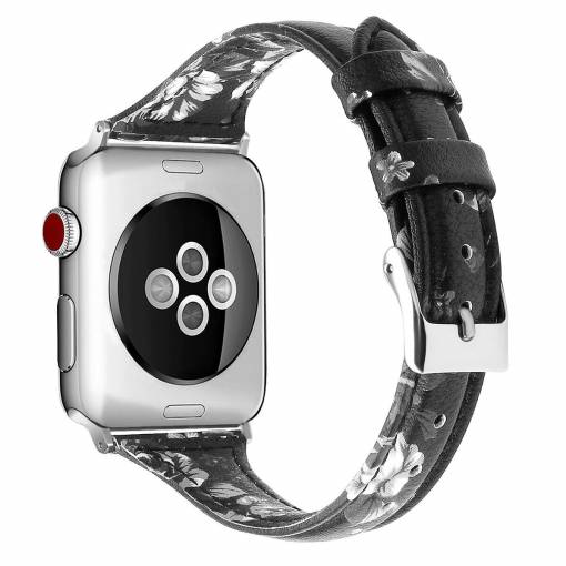 Foto - eses Curea îngustă din piele pentru Apple Watch - Floral, negru gri 42mm, 44mm, 45mm, 49mm
