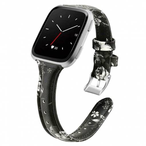 Foto - Brățară din piele pentru Fitbit Versa - Cu model, floral, negru